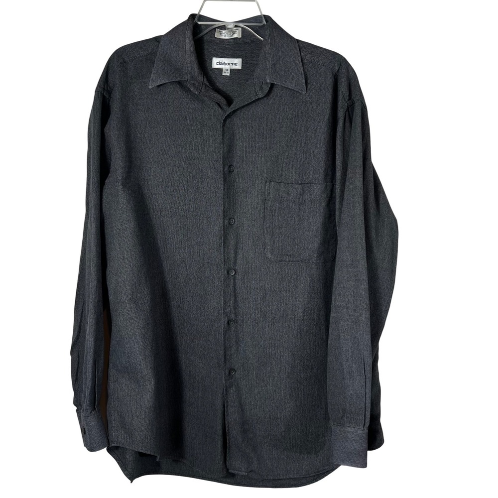 Claiborne‎ Mens Charcoal Gray Cotton Long Sleeve Button Down Shirt 16 34-35